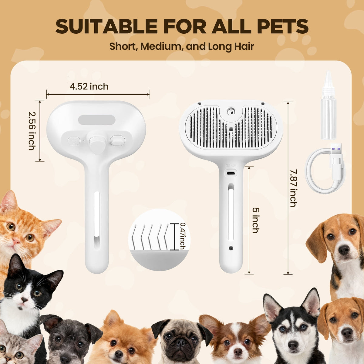 3 in 1 Cat Steam Brush, Self-Cleaning Steam Pet Brush with Spray and Release Button,Spray Hair Removal Comb for Long Short Hair Cats & Dogs