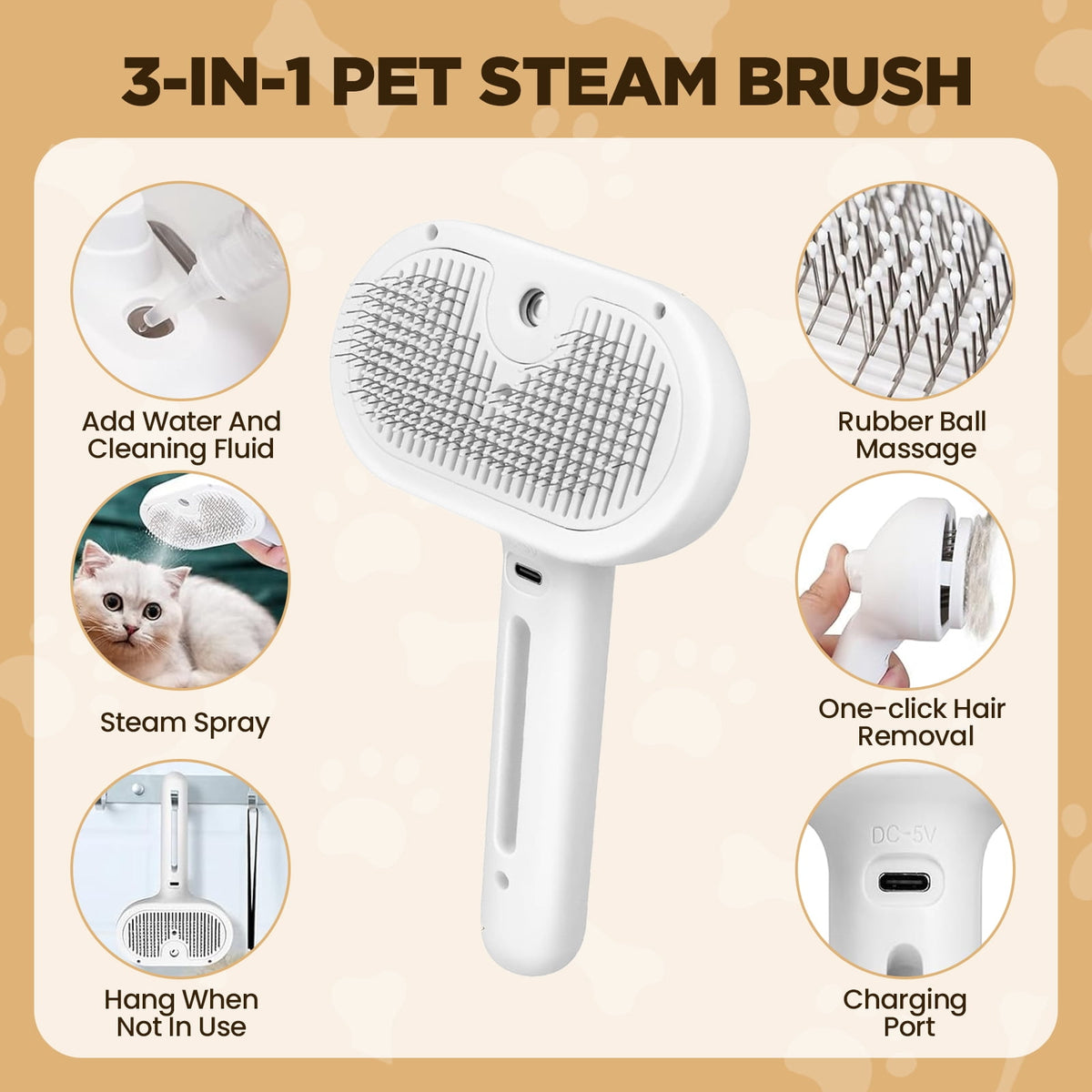 3 in 1 Cat Steam Brush, Self-Cleaning Steam Pet Brush with Spray and Release Button,Spray Hair Removal Comb for Long Short Hair Cats & Dogs