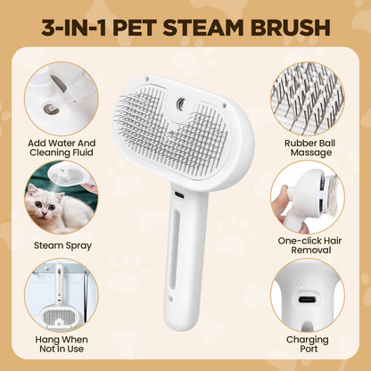 3 in 1 Cat Steam Brush, Self-Cleaning Steam Pet Brush with Spray and Release Button,Spray Hair Removal Comb for Long Short Hair Cats & Dogs